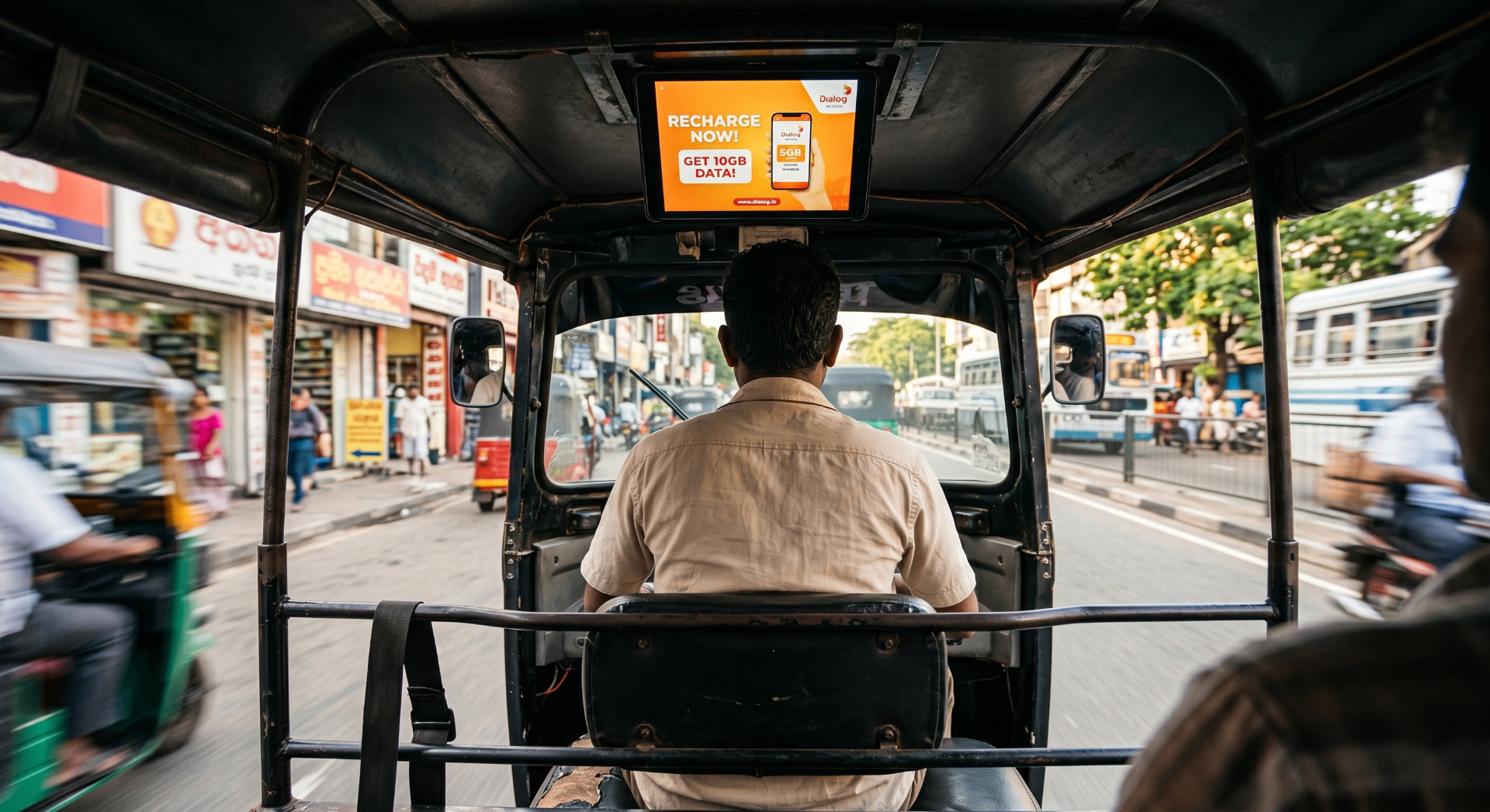 Passenger view of mydiio screen inside a Colombo tuk-tuk