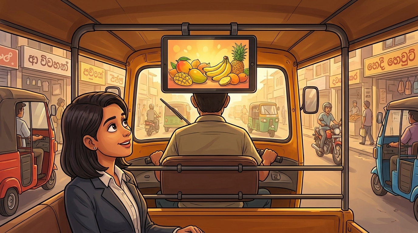 Passenger watching tuk-tuk advertising screen inside a Colombo tuk-tuk