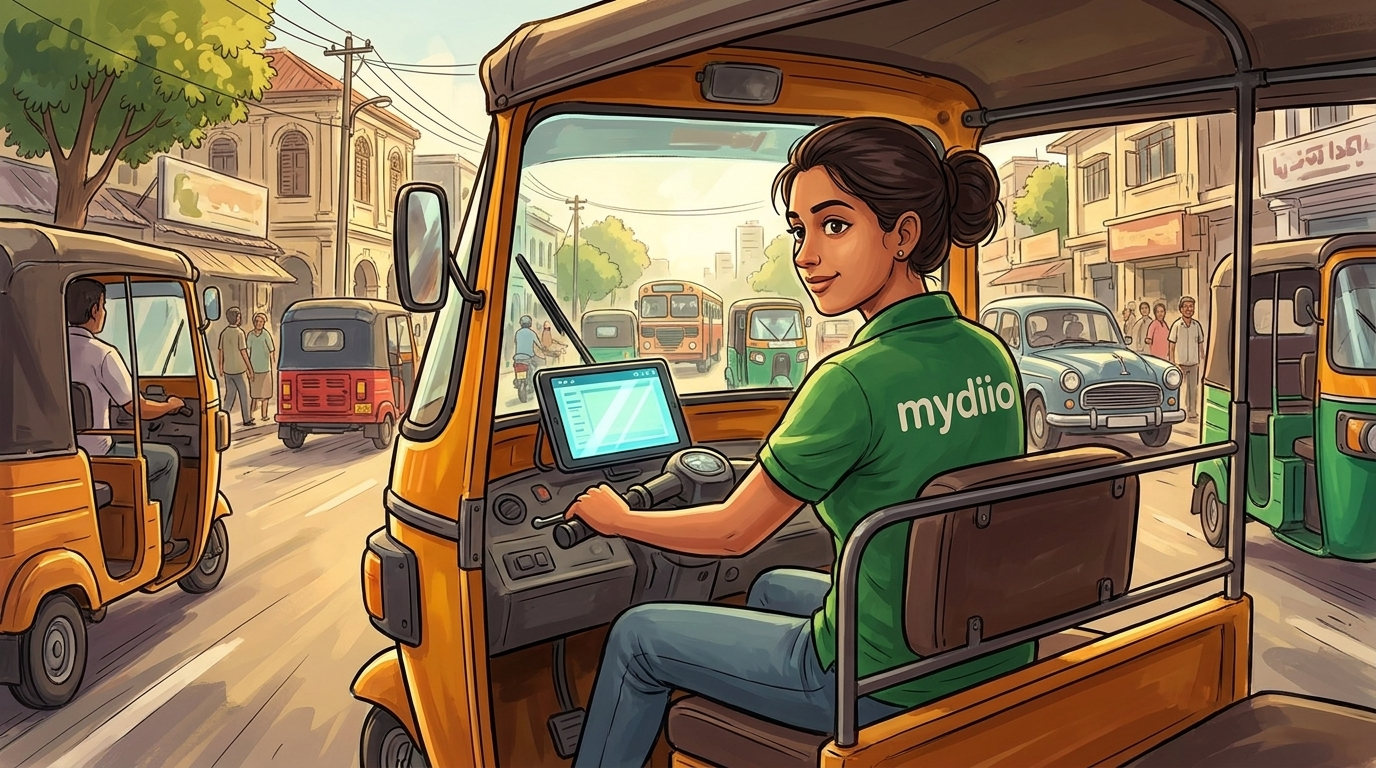 mydiio tuk-tuk driver in green polo shirt driving through Colombo streets