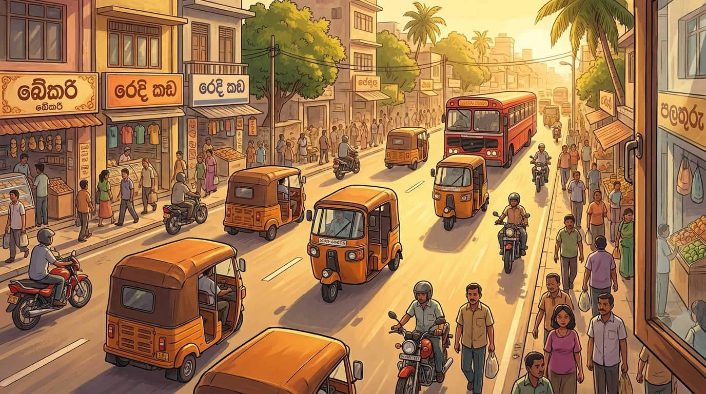 mydiio tuk-tuk fleet on busy Colombo street with Sinhala shop signs