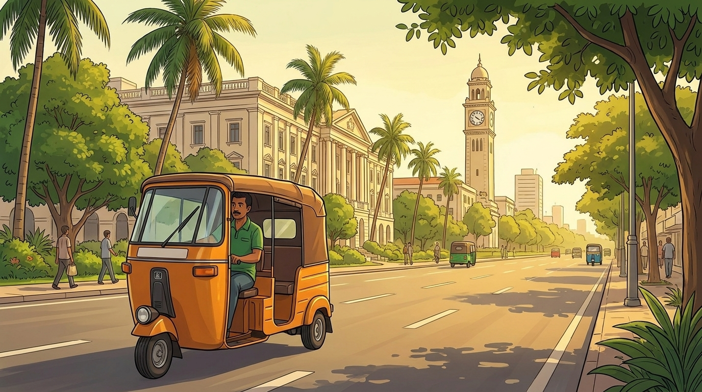 mydiio tuk-tuk driving past Colombo clock tower on tree-lined boulevard