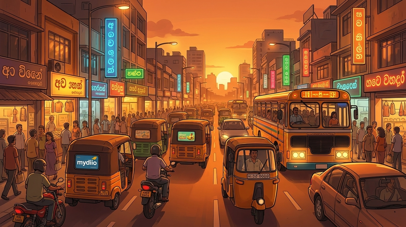 mydiio tuk-tuks with glowing ad screens in Colombo evening traffic